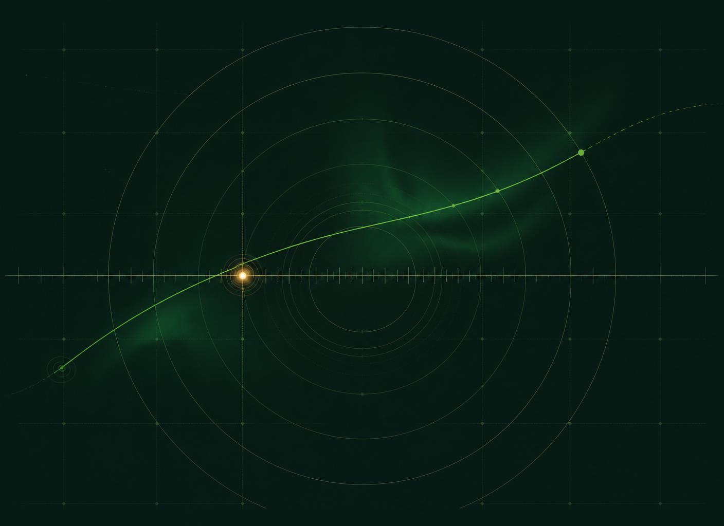 Architectural diagram: concentric arcs and a calibrated horizontal axis with a leaf-green trajectory line and gold node, representing the EmissionAxis calculation engine.